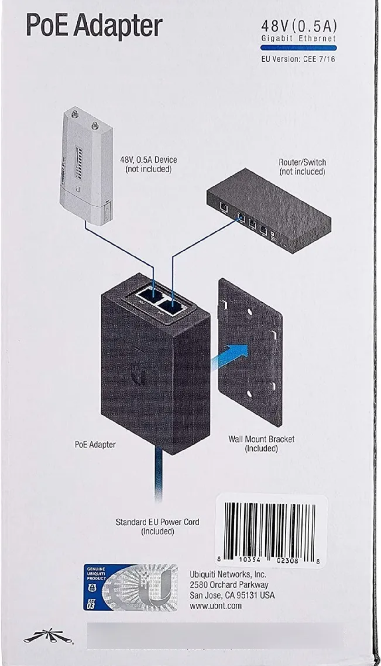 Inyector PoE Ubiquiti 48V 0.5 Amp con cable incluido